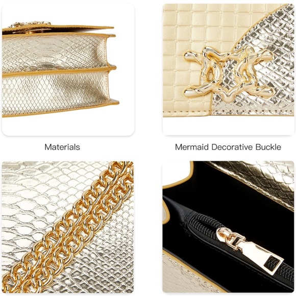 Gold Faux Leather Crossbody Bad W/Shoulder Chain Strap - Picture 5 of 7